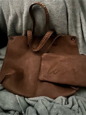 Women's Brown Shoulder Tote with Matching 'Love' Pouch